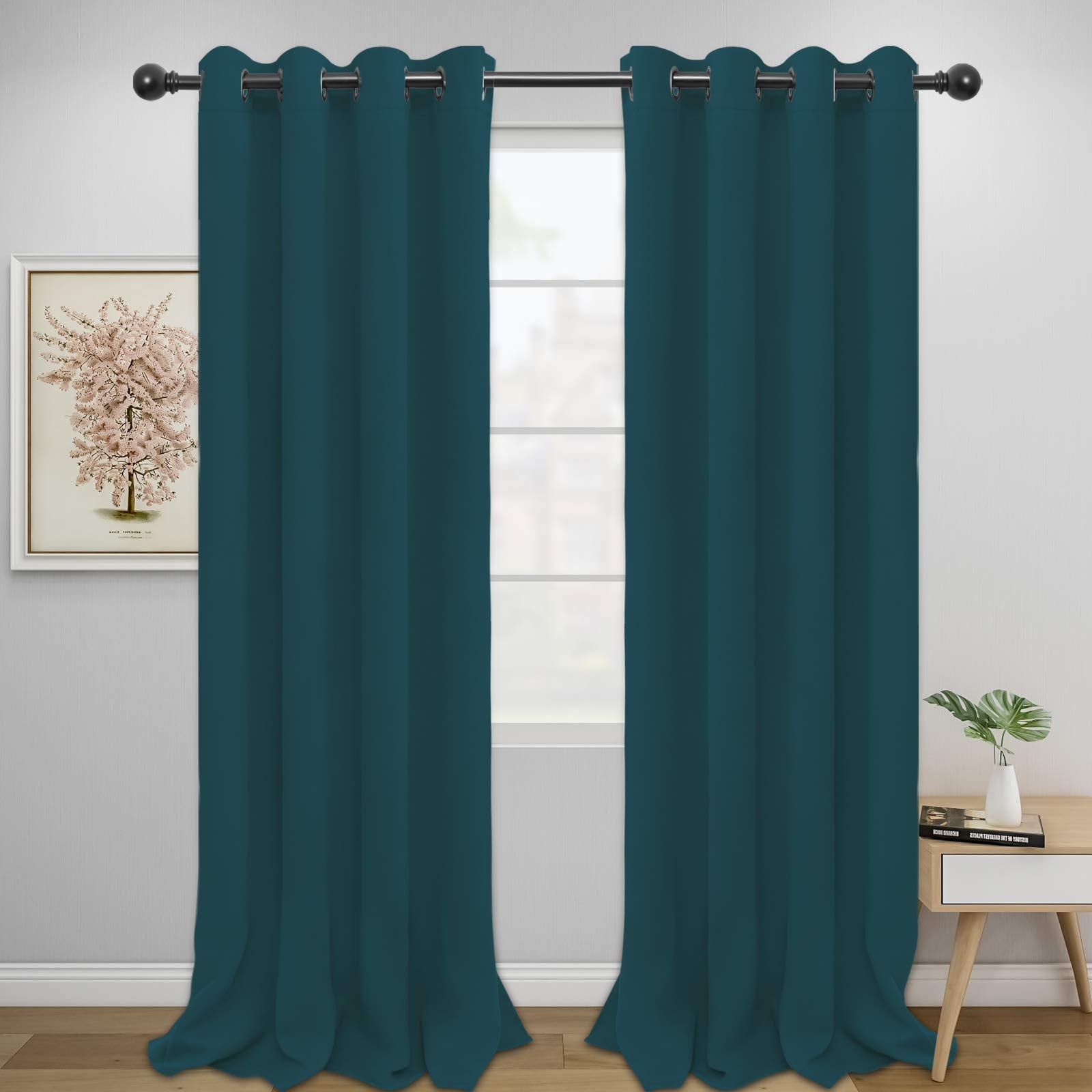 Easy-Going Blackout Curtains For Bedroom, Solid Thermal Insulated Grommet And Noise Reduction Window Drapes, Room Darkening Curtains For Living Room, 2 Panels(52X108 In,Peacock Blue)