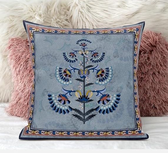 HomeRoots 26x26 Gray Blue Red Blown Seam Broadcloth Floral Throw Pillow