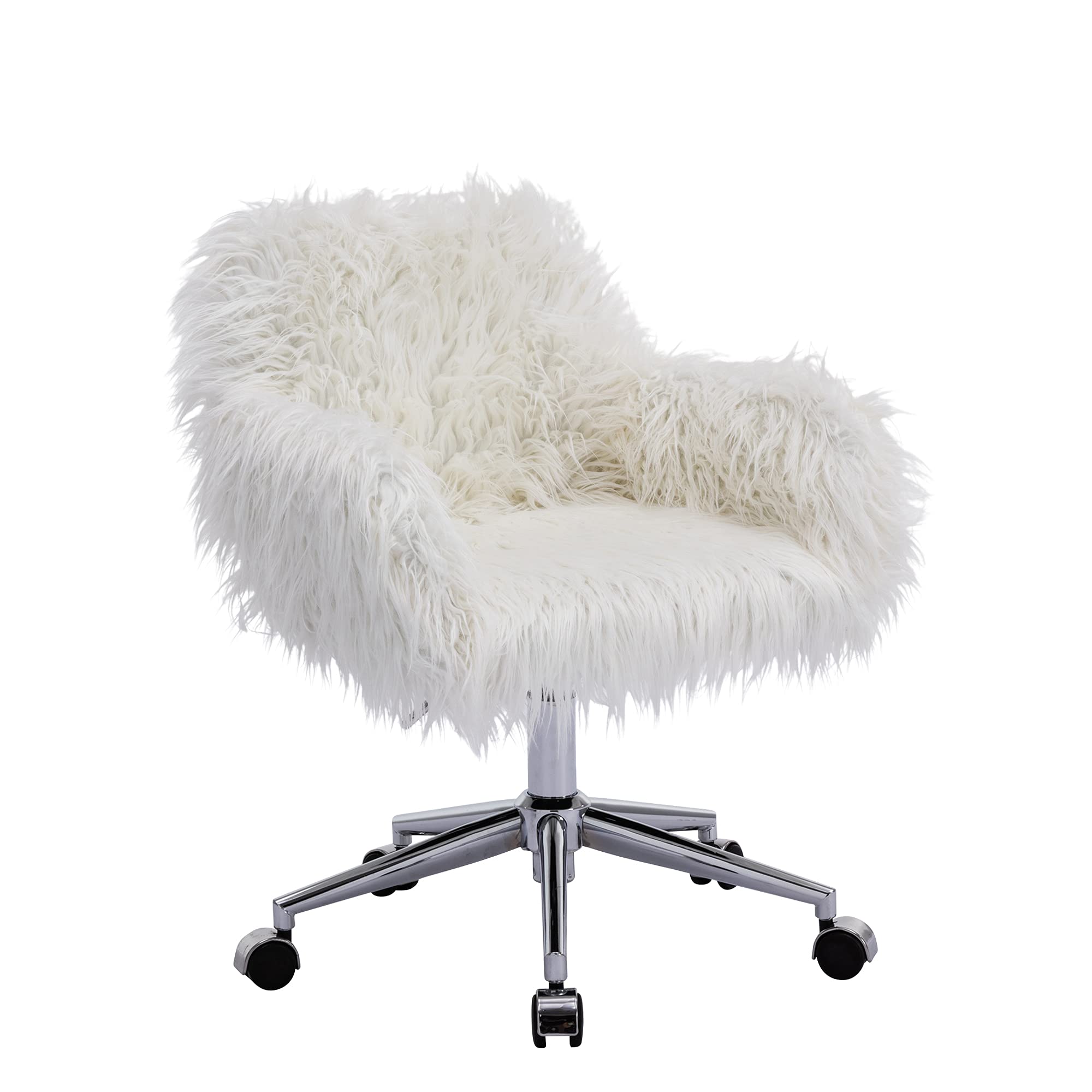 Kcc Fluffy Office Desk Chair, Faux Fur Modern Swivel Armchair With Wheels, Soft Comfy Fuzzy Elegant Accent Makeup Vanity Chairs