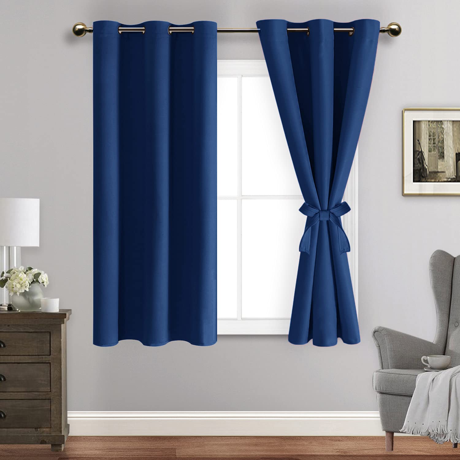 Jiuzhen Blackout Curtains For Bedroom - Thermal Insulated Room Darkening Rod Pocket Curtains For Living Room, Set Of 2 Panels With Tiebacks,38X45 Inch Length, Classic Blue