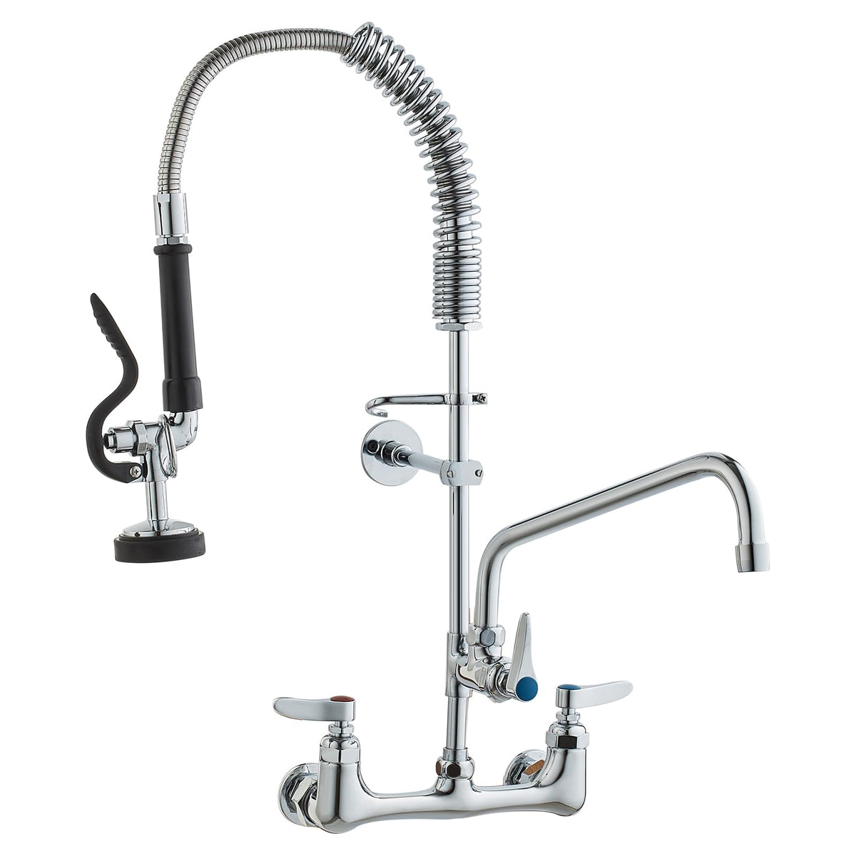 VEVOR Commercial Faucet with Pre-Rinse Sprayer, 25'' Height, 8'' Center, 12'' Swing Spout, Wall Mount Kitchen Sink Faucet, Brass