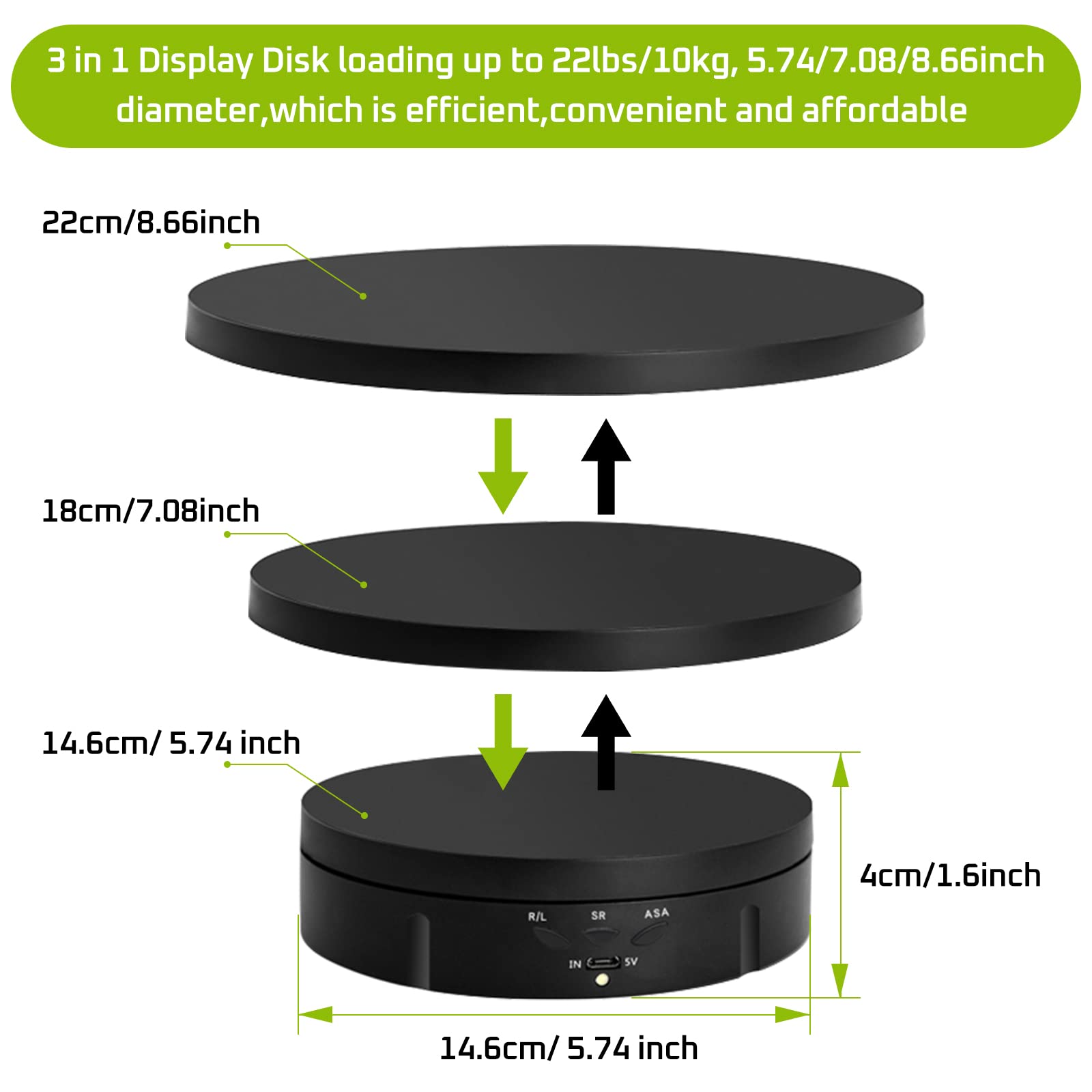 Jayegt 3 In 1 Motorized Rotating Display Stand With 5.74/7.08/8.66 Inch Replacement Cover,Max 22Lbs Load , 3D Models, Cake -Blac
