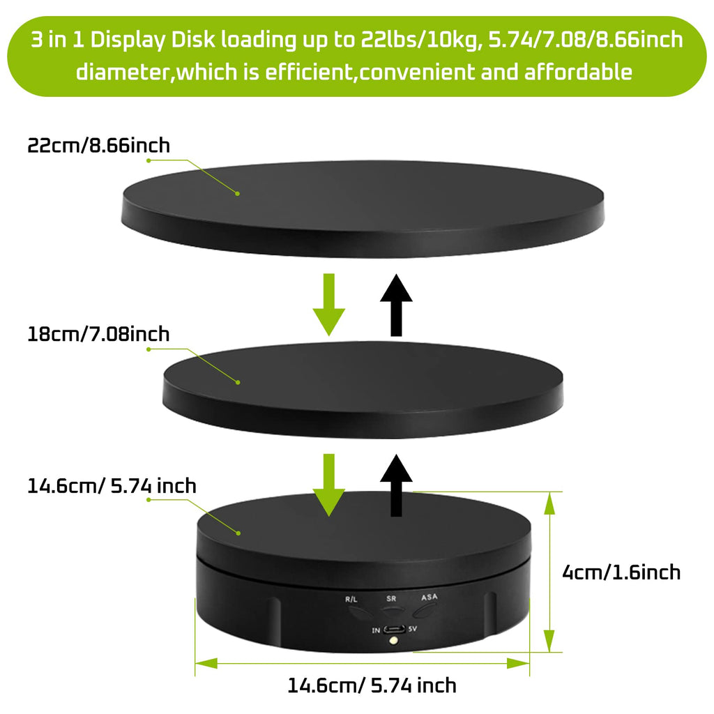 Jayegt 3 In 1 Motorized Rotating Display Stand With 5.74/7.08/8.66 Inch Replacement Cover,Max 22Lbs Load , 3D Models, Cake -Blac