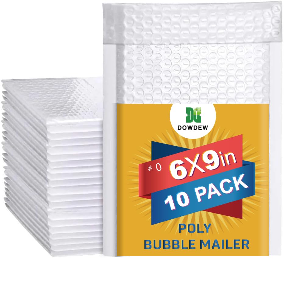 Water Resistant Bubble Envelope Mailers [10 Pack] 6 Inch X 9 Inch #0 White Poly Padded Shipping Envelopes Self Sealing Cushioned