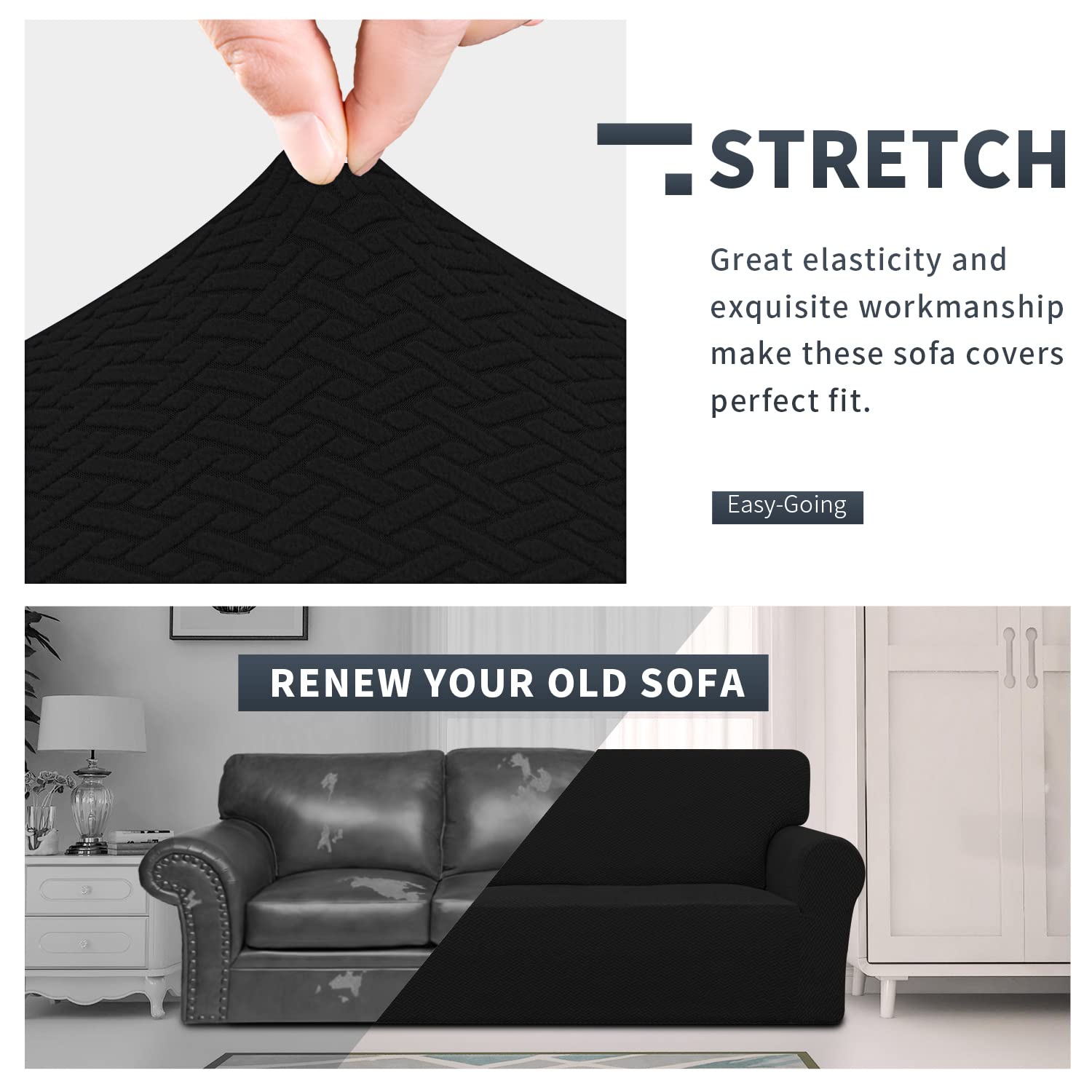 Easy-Going Stretch Jacquard Couch Cover, 1-Piece Soft Sofa Cover, Sofa Slipcover With Anti-Slip Foams, Washable Furniture Protector For Kids, Pets (Sofa, Black)