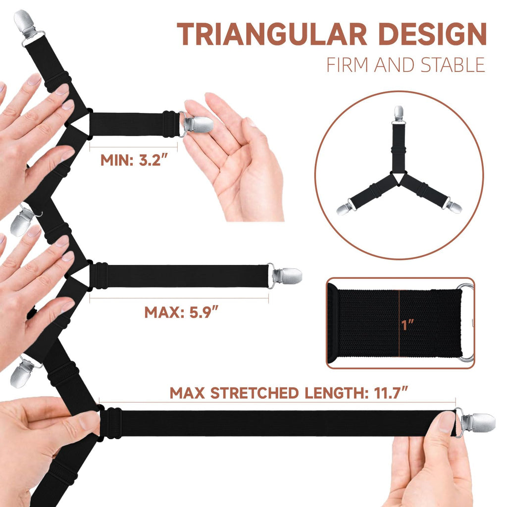 Bozenu Bed Sheet Straps, Upgrade Fitted Bed Sheet Holders For Corners, Non Slip Sheet Clips Black 8Pcs