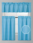 3Pc Set Solid Faux Silk Lined Blackout Rod Pocket Small Kitchen Window Curtain With Valance (K3) (Turquoise Blue)