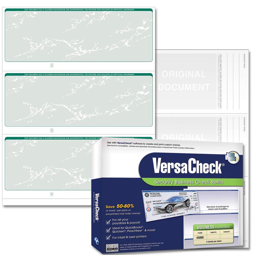 Versacheck Secure Checks - 1500 Blank Business Checks - Green Prestige - 500 Sheets Form #3000 - 3 Per Sheet