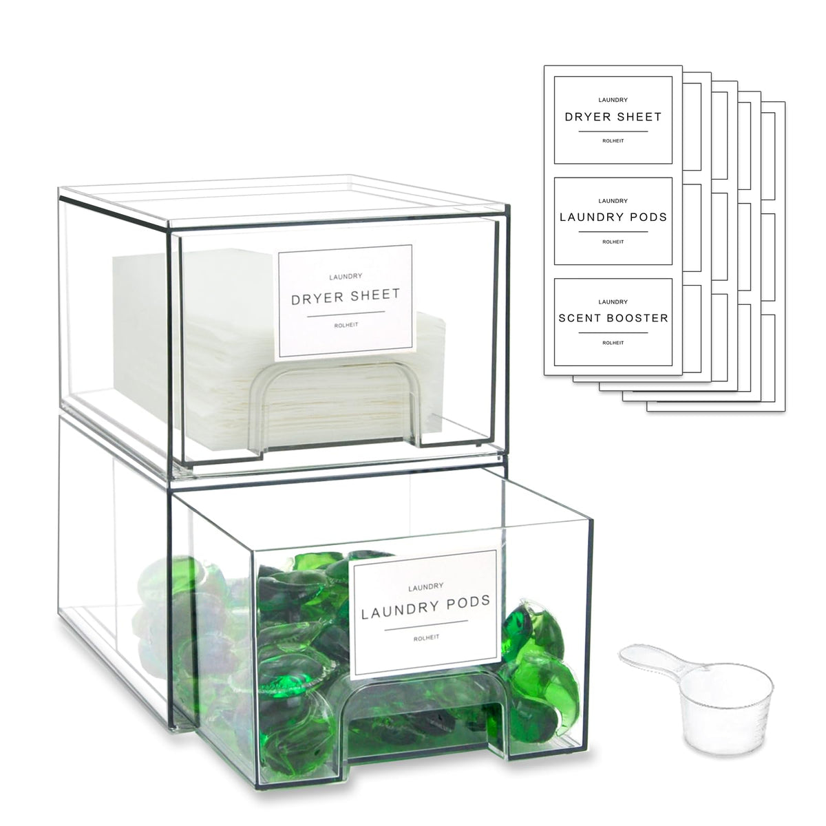 Rolheit 4 Pack Laundry Room Organization Storage Drawers with Labels, Clear Stackable Dryer Sheet Holder and Pod Containers, Det