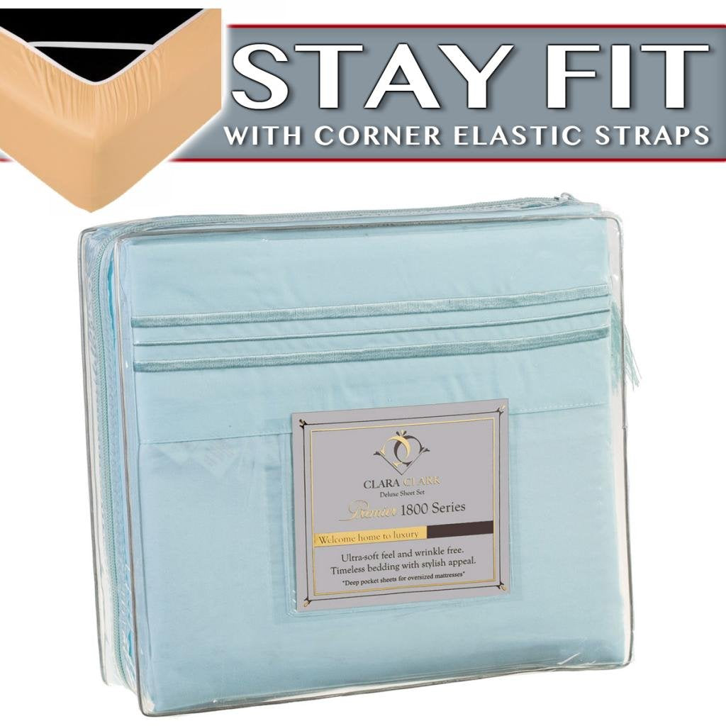 Clara Clark 1800 Series Bed Sheet Sets - Stay Fit On Mattress With Elastic Straps At Corners - Cal King Size, Light Blue Aqua