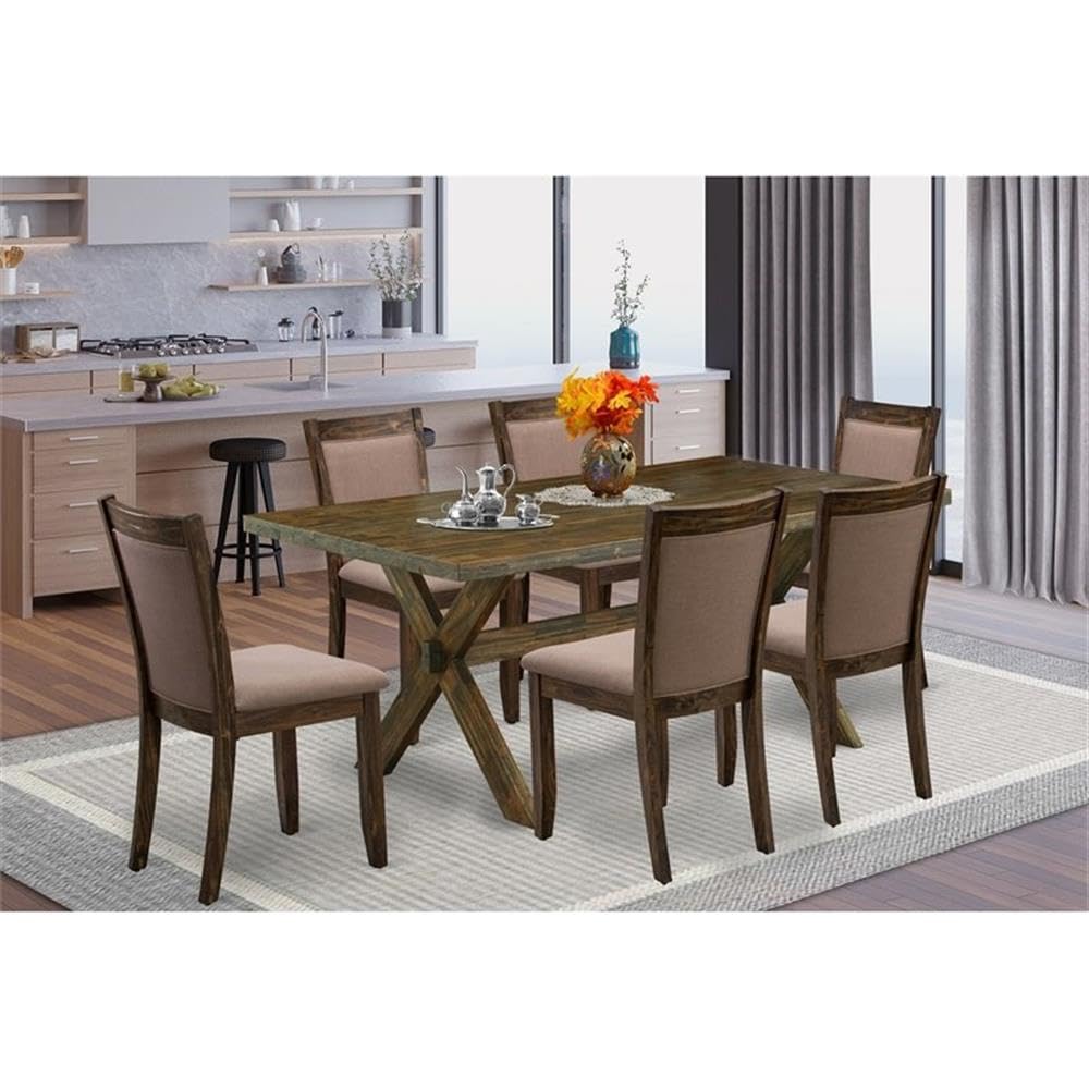 East West Furniture X777MZ748-7 7 Piece Dinette Set Consist of a Rectangle Dining Room Table with X-Legs and 6 Coffee Linen Fabric Parsons Dining Chairs, 40x72 Inch, Multi-Color