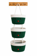 Bizboost Ruge 3 Tier Hanging Cotton Dori Basket, Green And White, Wall Mounted Storage Organiser