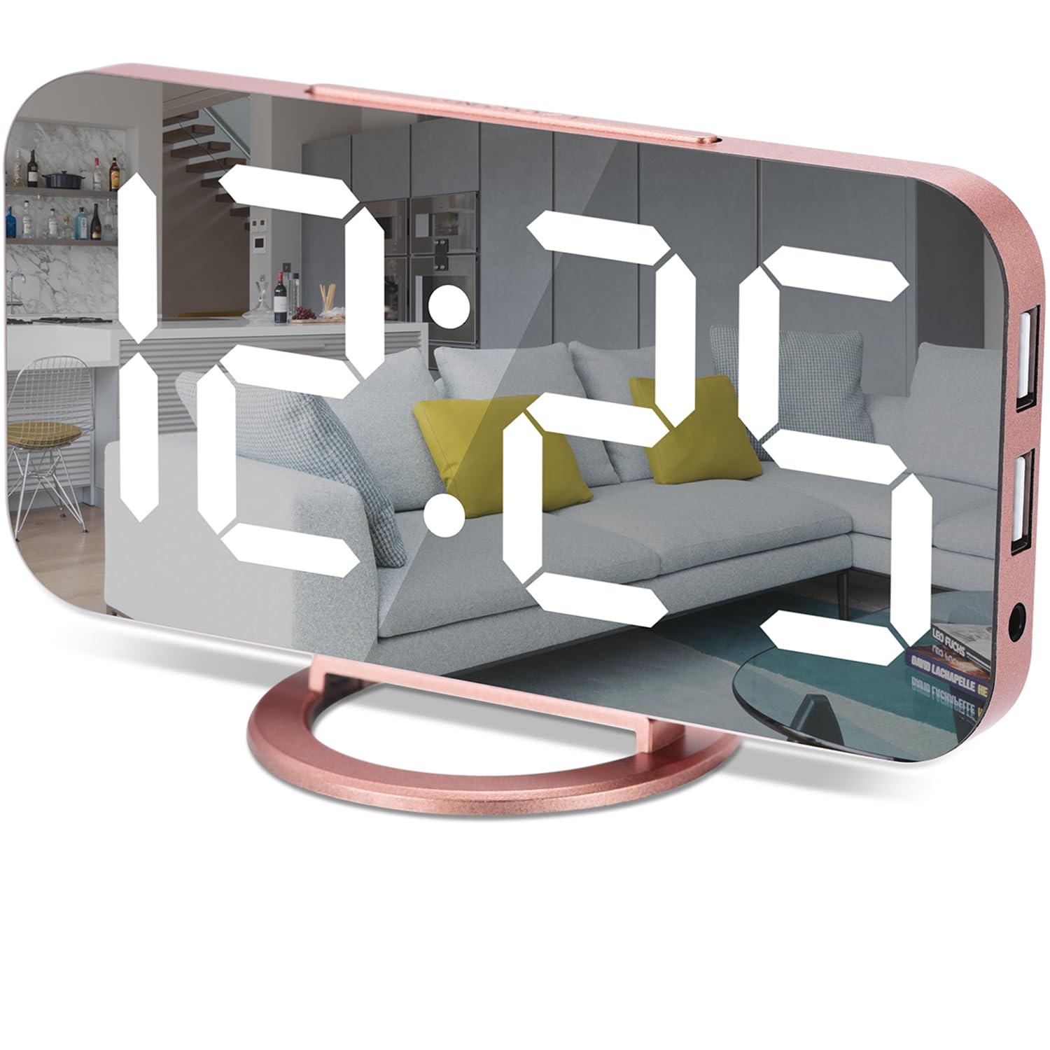 Digital Alarm Clock,7 Inch LED Mirrored Large Display, with Dual USB Charger Ports,Auto Dim,Snooze Function,Modern Desk Wall Ele