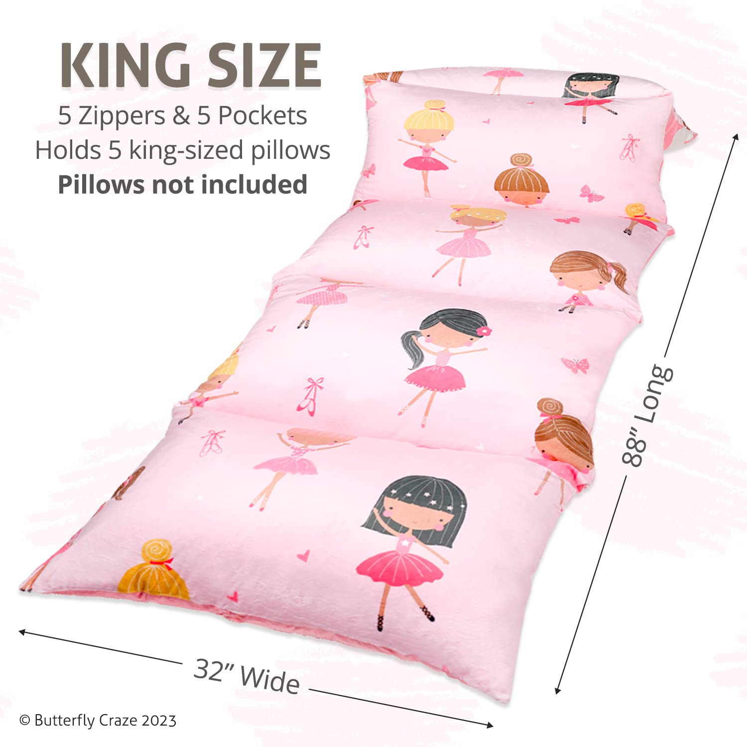 Butterfly Craze Floor Pillow Case, Mattress Bed Lounger Cover, Pink Ballerina, King Size - Cozy Seating Solution For Kids & Adul