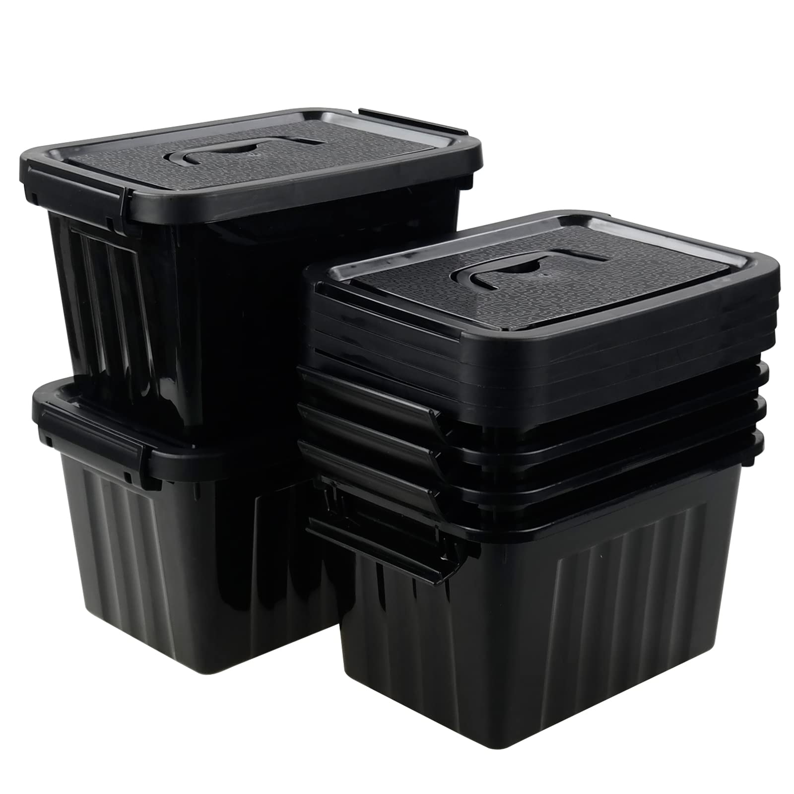 Tyminin Black Plastic Storage Bin Ith Lids And Latch, Small Stackable Organizing Box Containers, 6 Packs