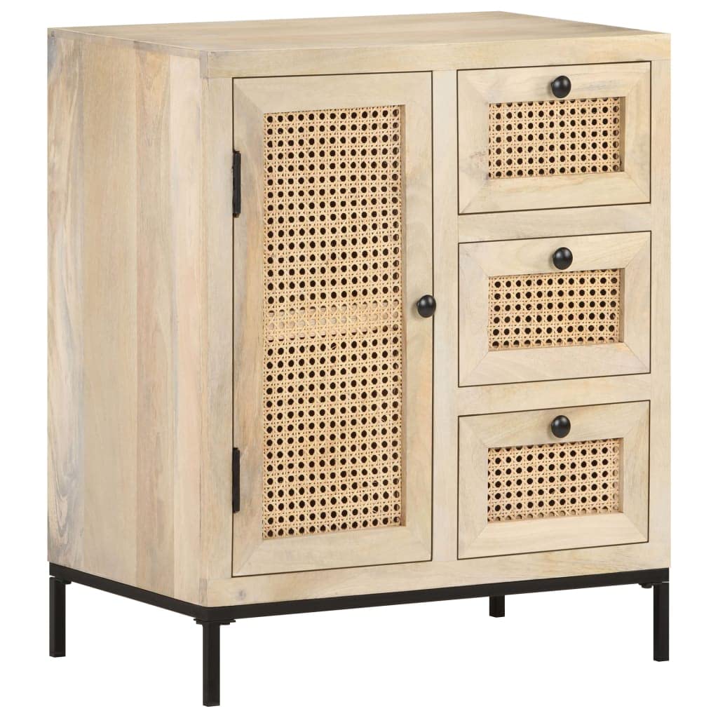 vidaXL Solid Mango Wood and Natural Cane Sideboard - Charming Rustic Style, Ample Storage, Durable Steel Base, Unique Hand-Woven Patterns, Requires Assembly