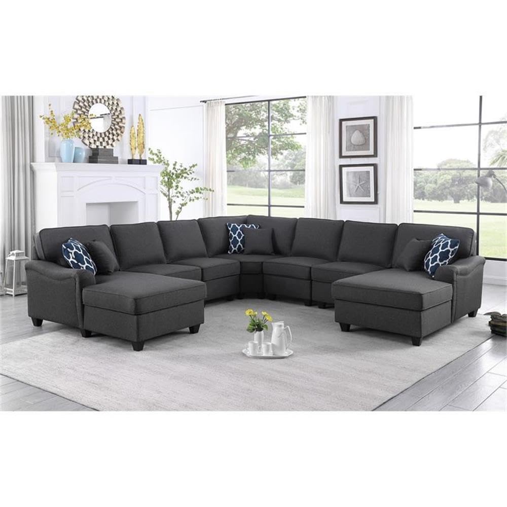 Lilola Home Leo Dark Gray Linen Double Chaise 7Pc Modular Sectional Sofa