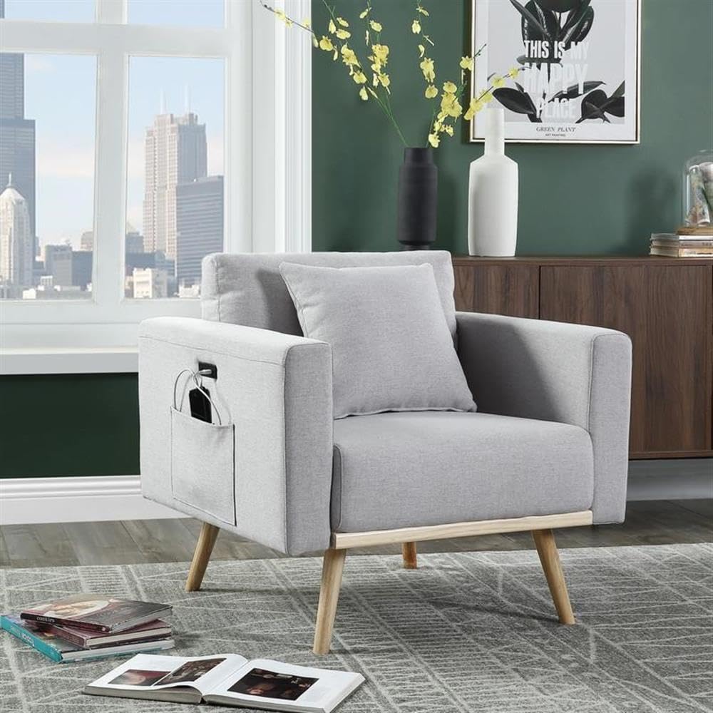 Lilola Home Easton Light Gray Linen Fabric Chair with USB Charging Ports Pockets & Pillows