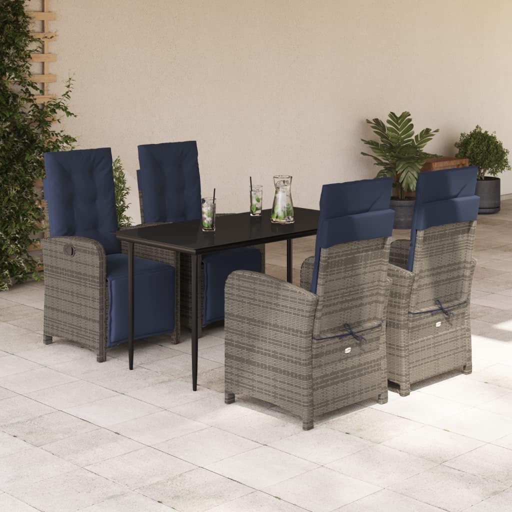 vidaXL 5-Piece Patio Dining Set with Adjustable Reclining Chairs, Gray Poly Rattan and Navy Cushions, Tempered Glass Tabletop