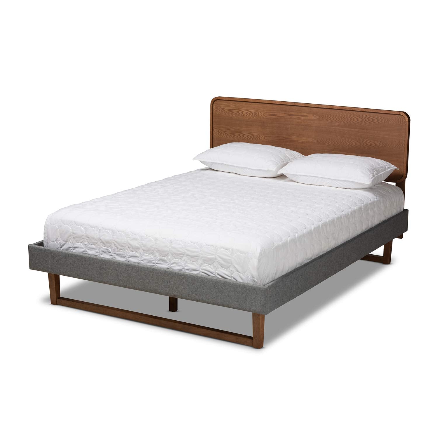 Baxton Studio Ayla Mid-Century Modern Dark Grey Fabric Upholstered Walnut Brown Finished Wood King Size Platform Bed