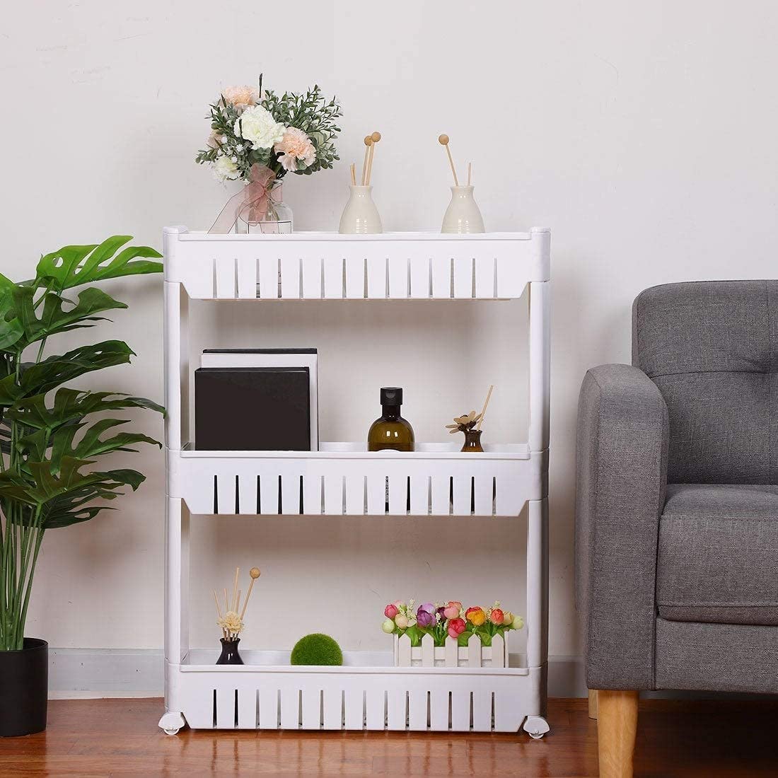 Gion 3 Layer Plastic Storage Organizer Slim Rack Shelf With Wheels Kitchen Trolley Rack Holder Foldable Storage Organizer Kitche