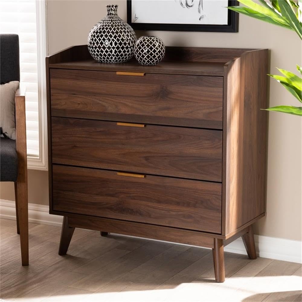 Baxton Studio Lena Mid-Century Modern Walnut Brown Finished 3-Drawer Wood Chest