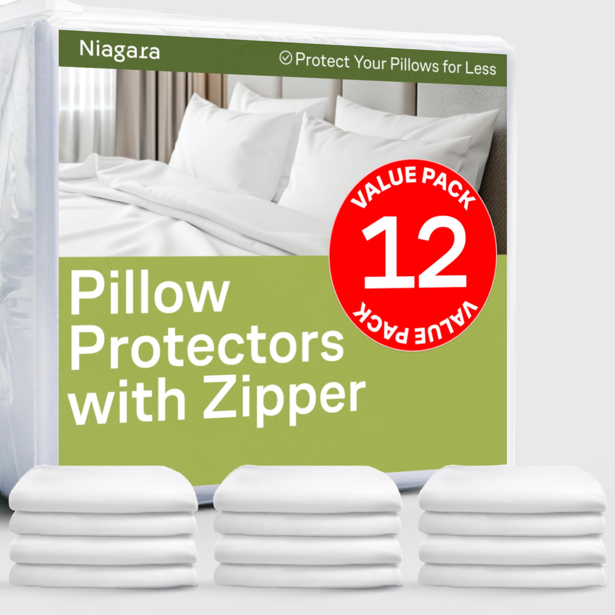 Niagara 12 Pack Of Pillow Protectors With Zipper Standard Size, Effective Dust Protection, Quiet, Stay In Place Pillow Covers, B