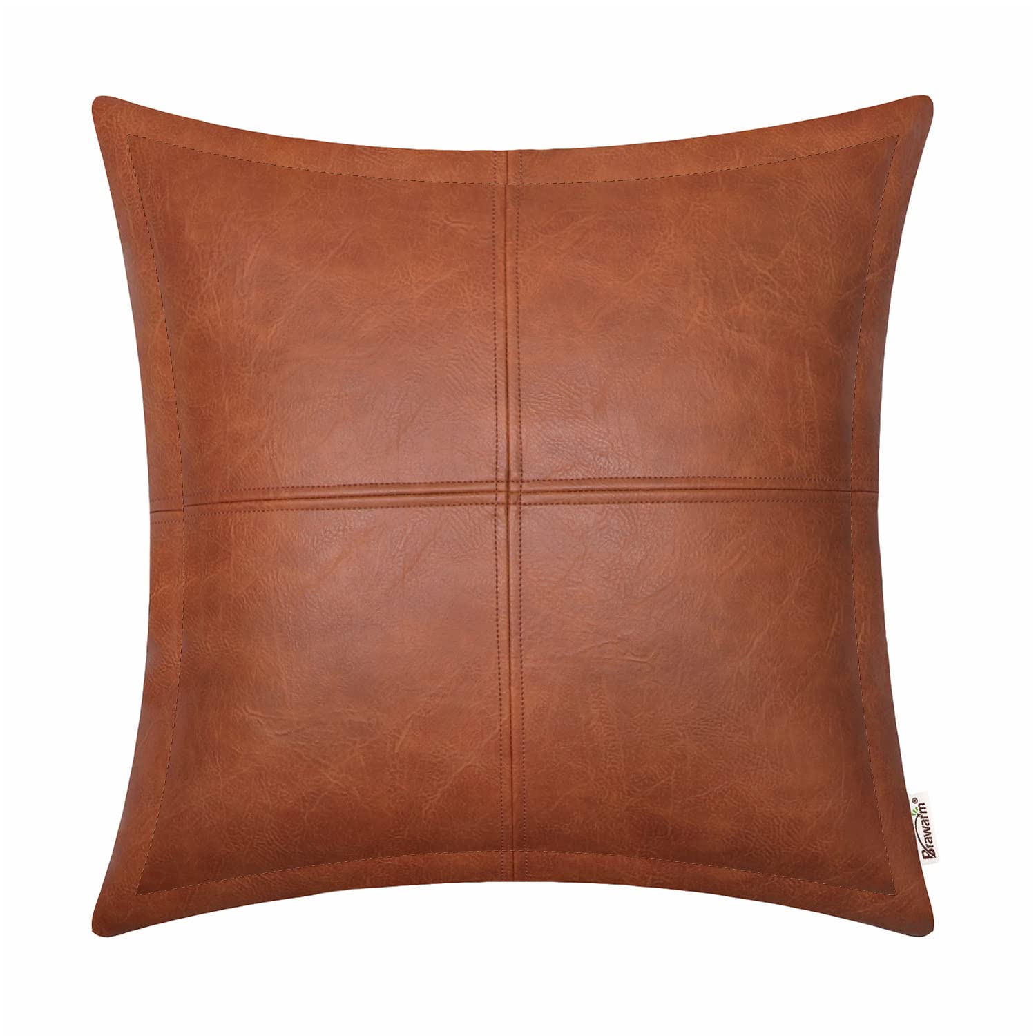 Brawarm Cognac Leather Throw Pillow 20 X 20 Inches, Faux Leather Pillow Cover With Piping, Hand Stitched Leather Decorative Thro