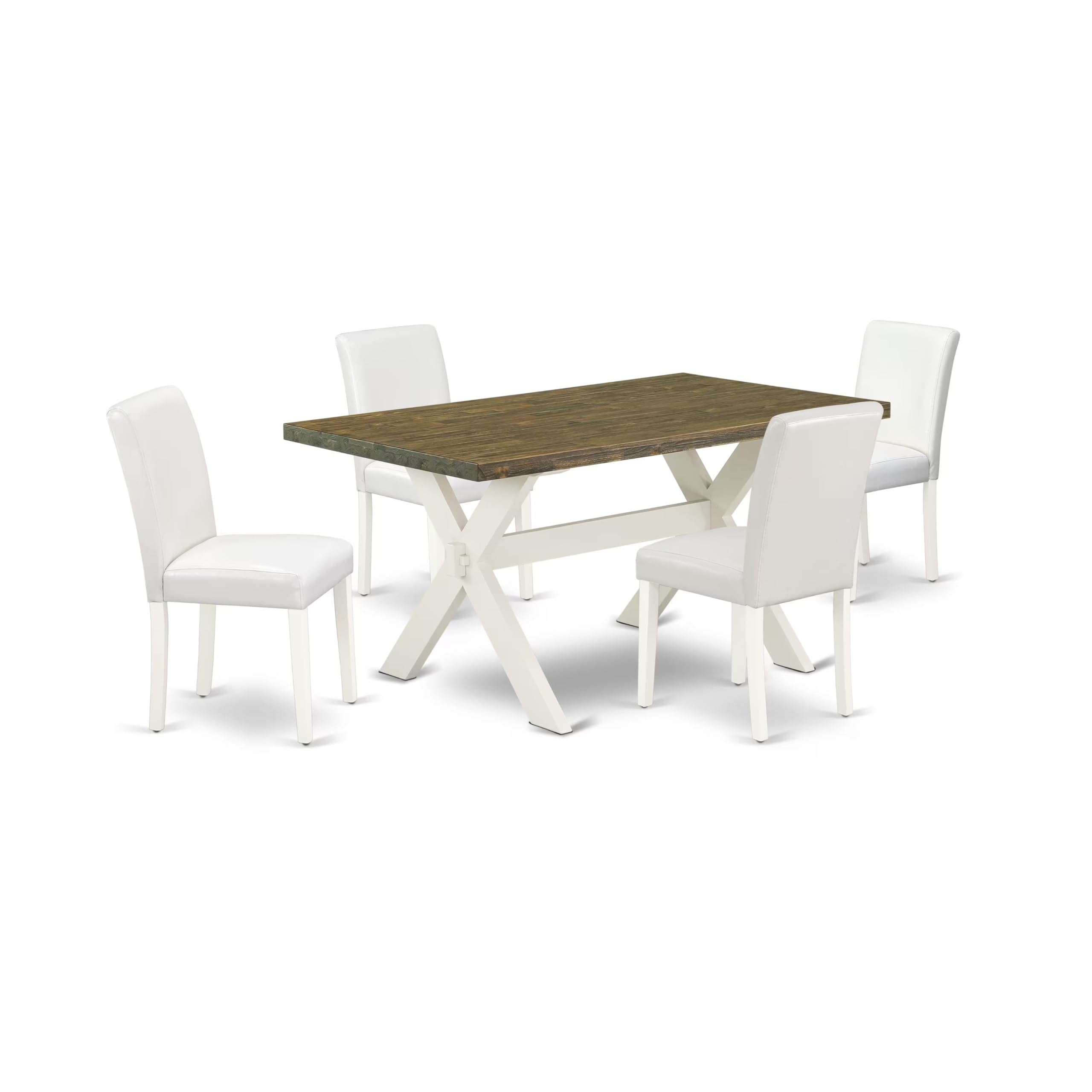 East West Furniture X076Ab264-5 5 Piece Modern Dining Table Set Includes A Rectangle Wooden Table With X-Legs And 4 White Faux Leather Parsons Dining Chairs, 36X60 Inch, Multi-Color