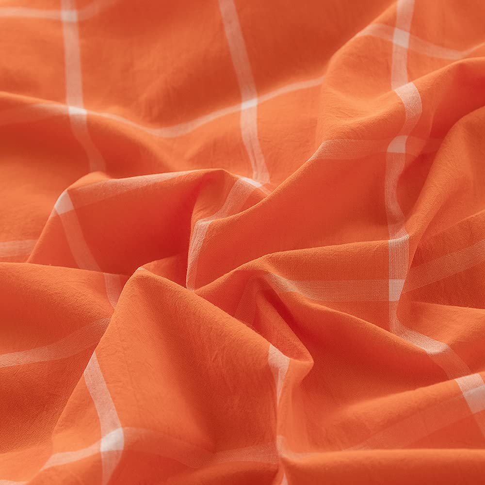 Face Two Face Bedding Duvet Cover Set 3 Pieces 100% Washed Cotton Duvet Cover Linen Like Textured Breathable Durable Soft Comfy (King, Orange Grid)