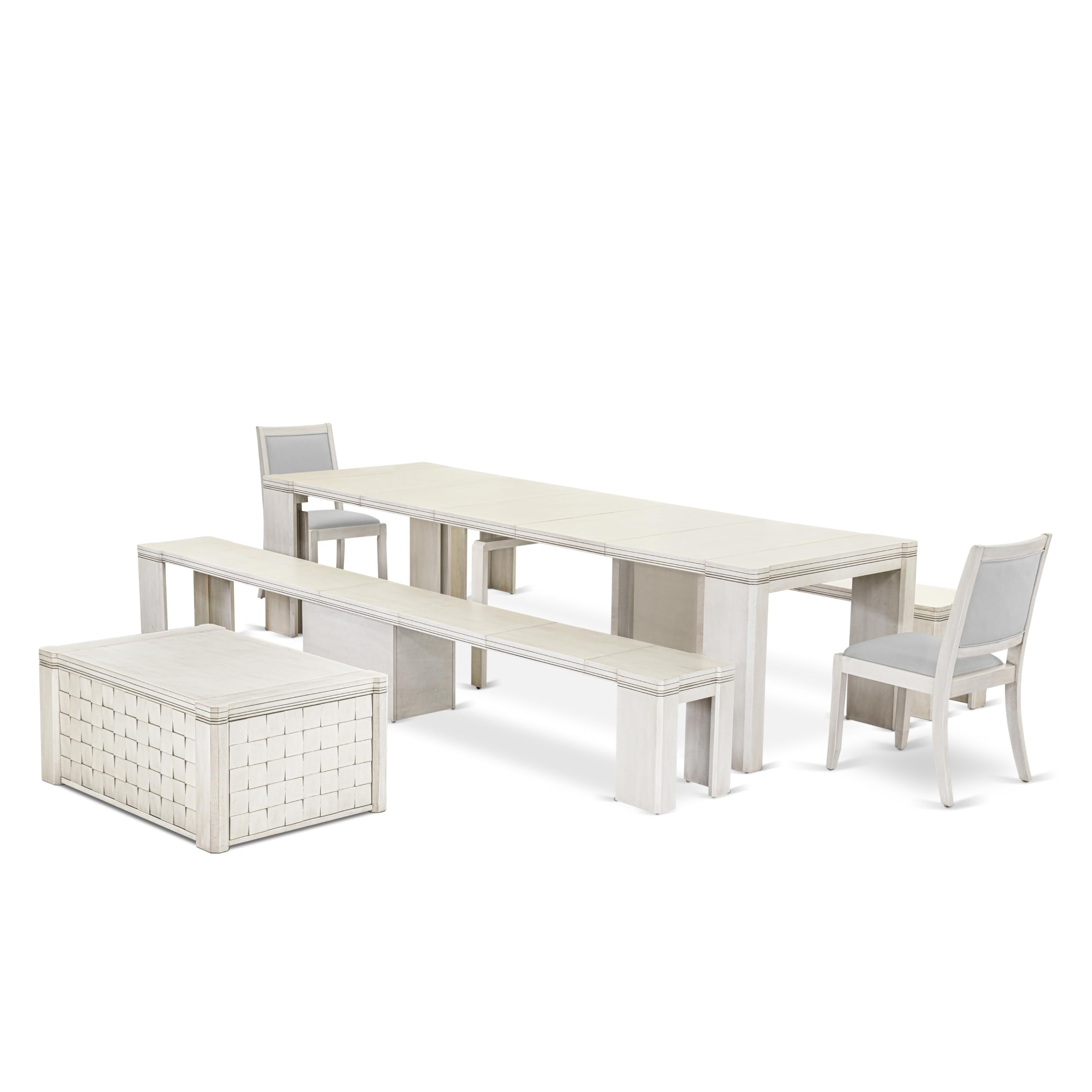 Luxe by East West Furniture - X02X2-2CW-27 - 6pc Dining Table Set contains an Extendable Rectangle Kitchen Table, 1 Coffee Table, 2 Stackable Dining Chairs and 2 Benches, 39x120 Inch, Antique White