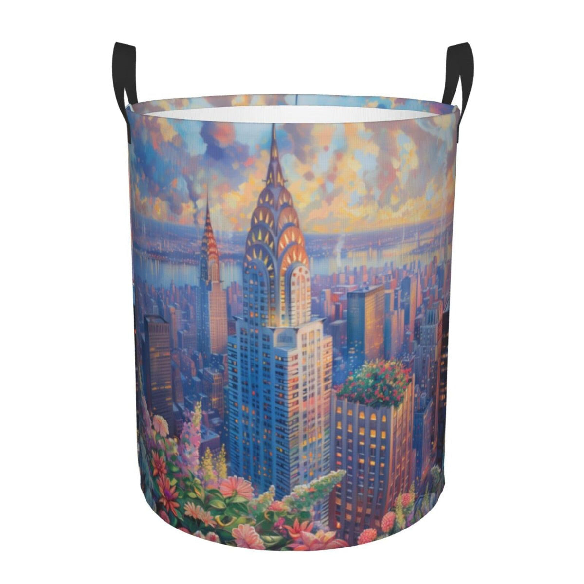 IYOVI Building New York Art Laundry Hamper Round, Large Canvas Fabric Lightweight Storage Basket Toy Organizer Building New York