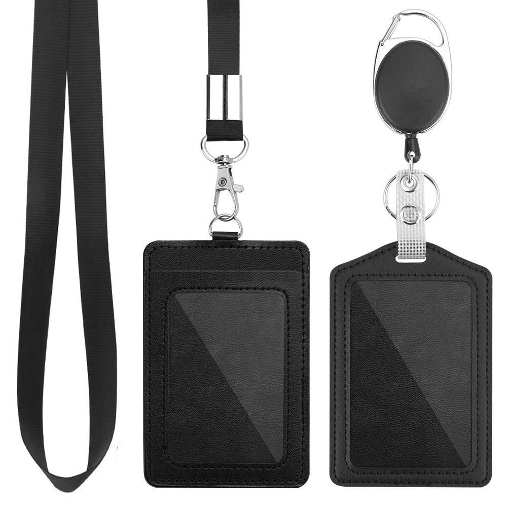2 Pack Badge Holders, Vertical Pu Leather Id Badge Card Holder With Detachable Neck Lanyard Strap And Retractable Badge Reel Id