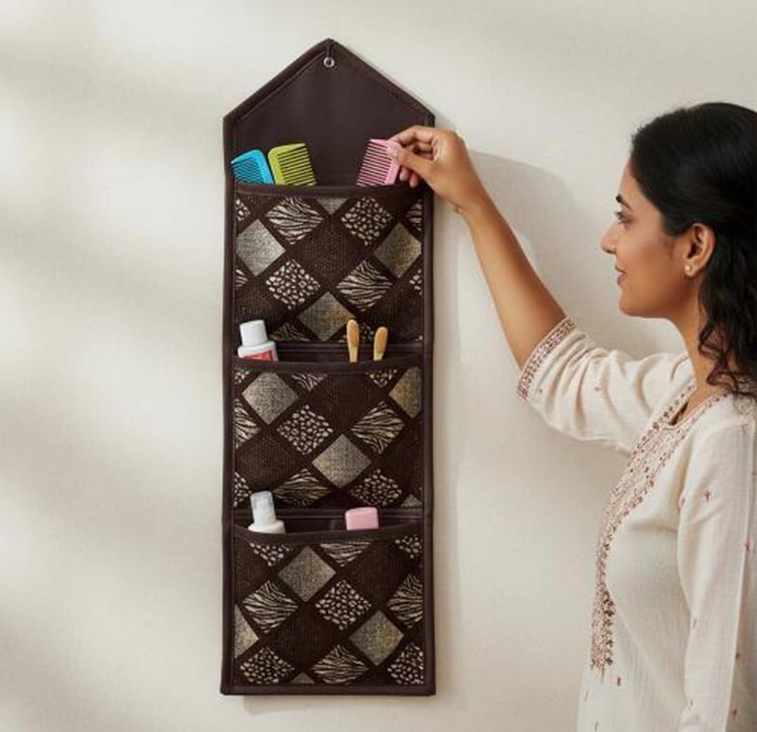 Wall Hanging Organiser, Brown, Diamond Print Fabric, MultiPocket Storage For Bathroom Accessories