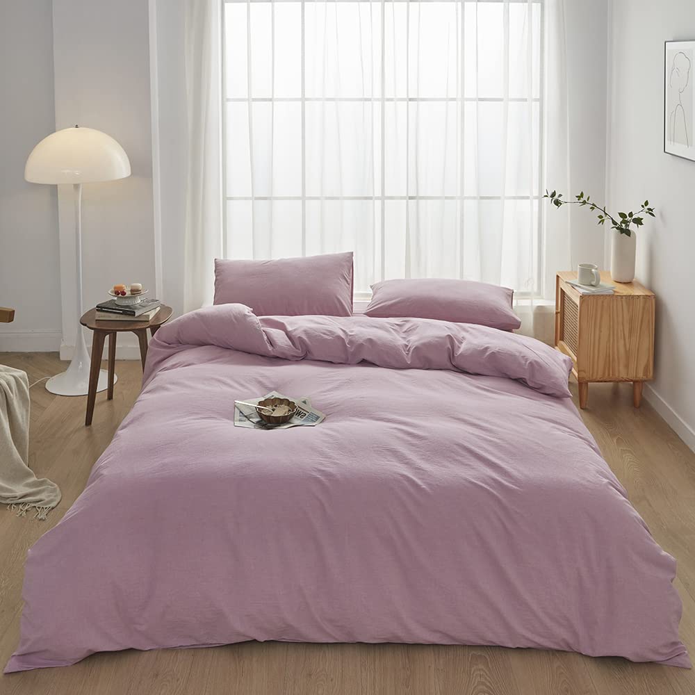 Face Two Face Bedding Duvet Cover Set100% Washed Cotton Duvet Cover Linen Like Textured Breathable Durable Soft Comfy (Full, Pink Purple)