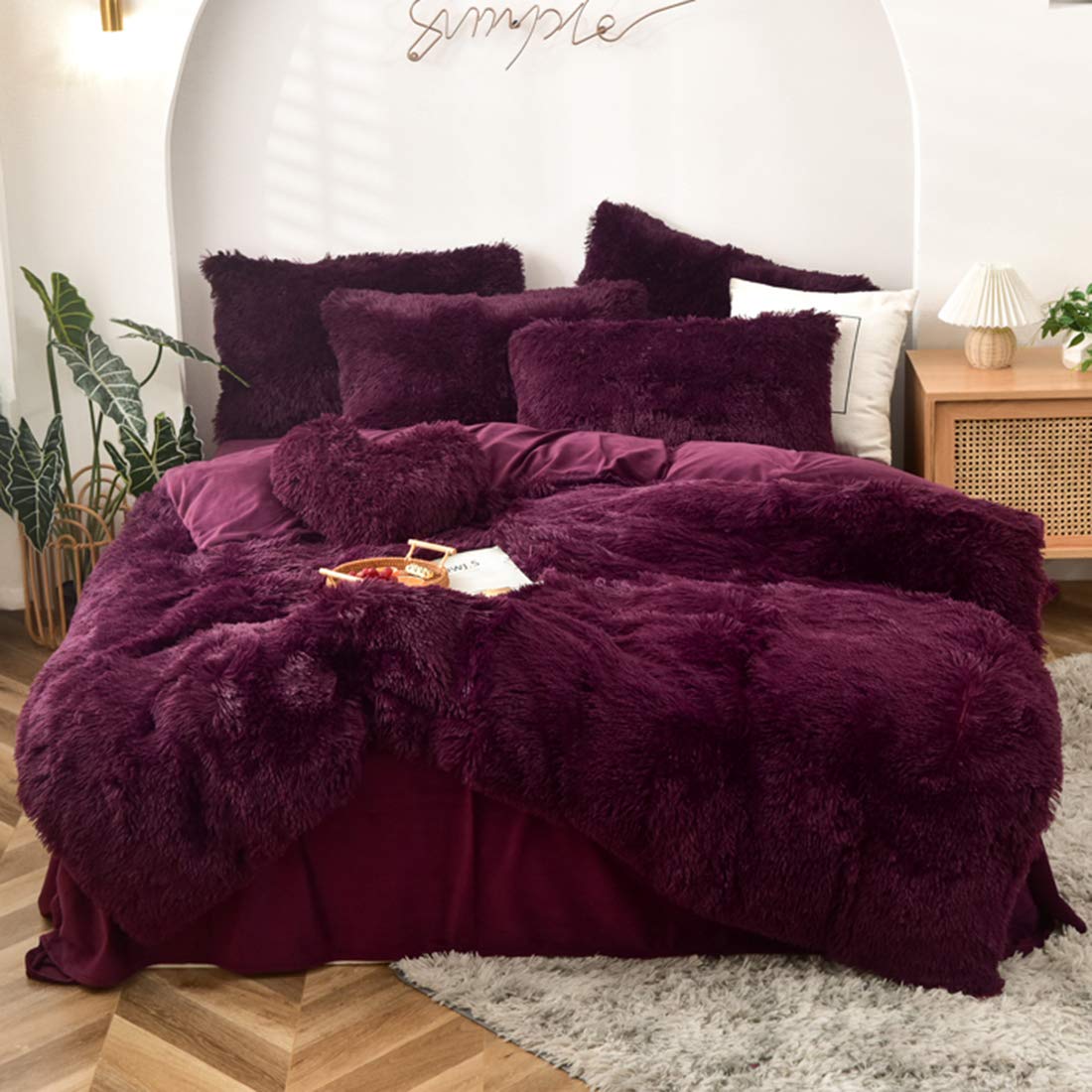 Morromorn 5 Pcs Shaggy Duvet Cover Bedding Set - Fluffy Comforter Cover Long Faux Fur Luxury Ultra Soft Cozy (Maroon, Full/Queen