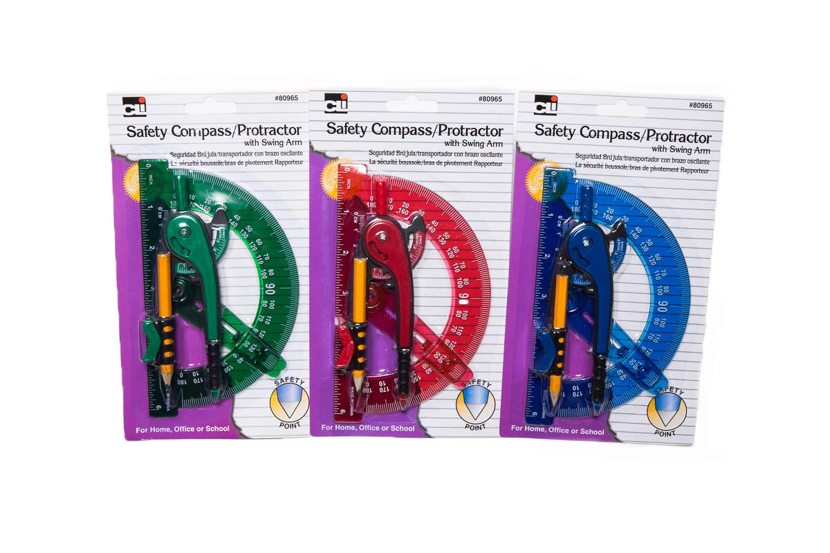Charles Leonard Safety Compass And 6 Inch Swing Angle Arm Protractor Combo Packs, Assorted Colors, 12 Combo Packs (80965-St)