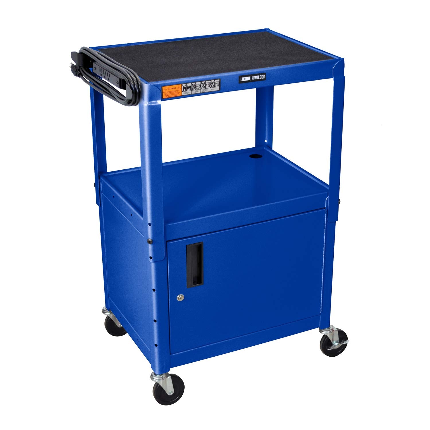 LUXOR AVJ42C-RB Steel AV Cart with Adjustable Height and Storage Cabinet, Multipurpose Utility Cart, 24" to 42" Height, 3 Outlet Electrical Assembly, Blue