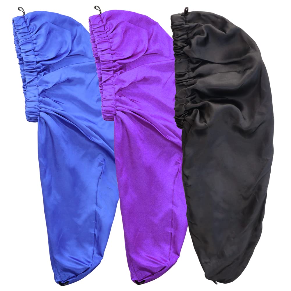 TCOTBE 3 Pcs Foldable Extra Long Sleeping Caps Soft Stain Satin Hair Braid Bonnet with Button Comfortable Single Lay Hair Covers