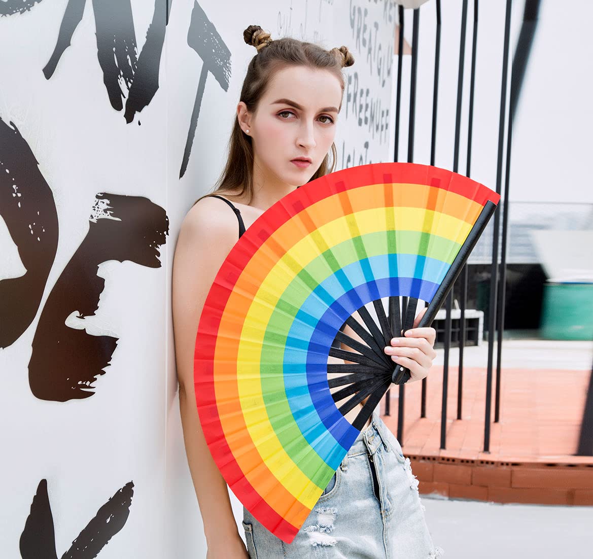Amajiji Large Folding Hand Rave Fan For Women/Men, Chinease/Japanese Bamboo And Nylon-Cloth Folding Hand Fan, Hand Fan Festival