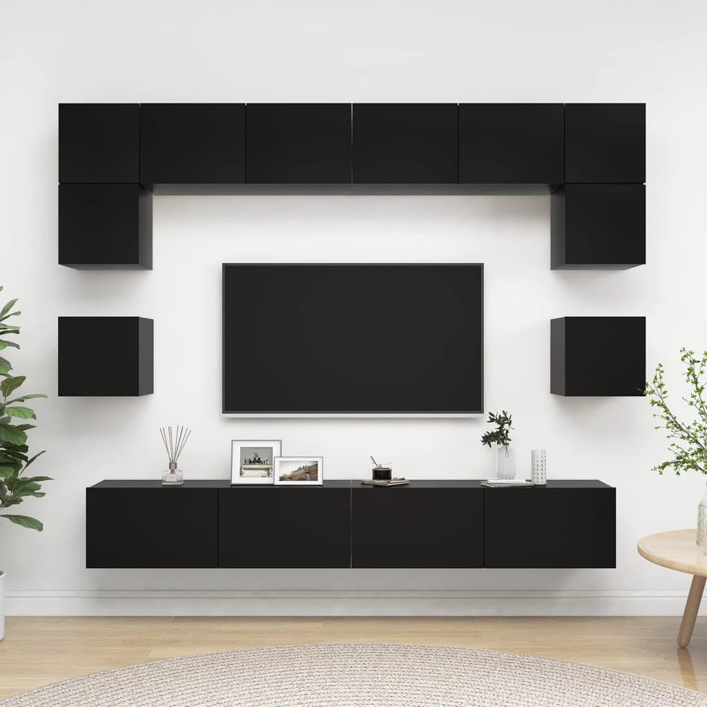 vidaXL TV Cabinet Set 8 Piece Home Indoor Living Room Hanging Wall-Mounted Stereo Plasma HiFi Cabinet TV Stand Unit Furniture Black Engineered Wood