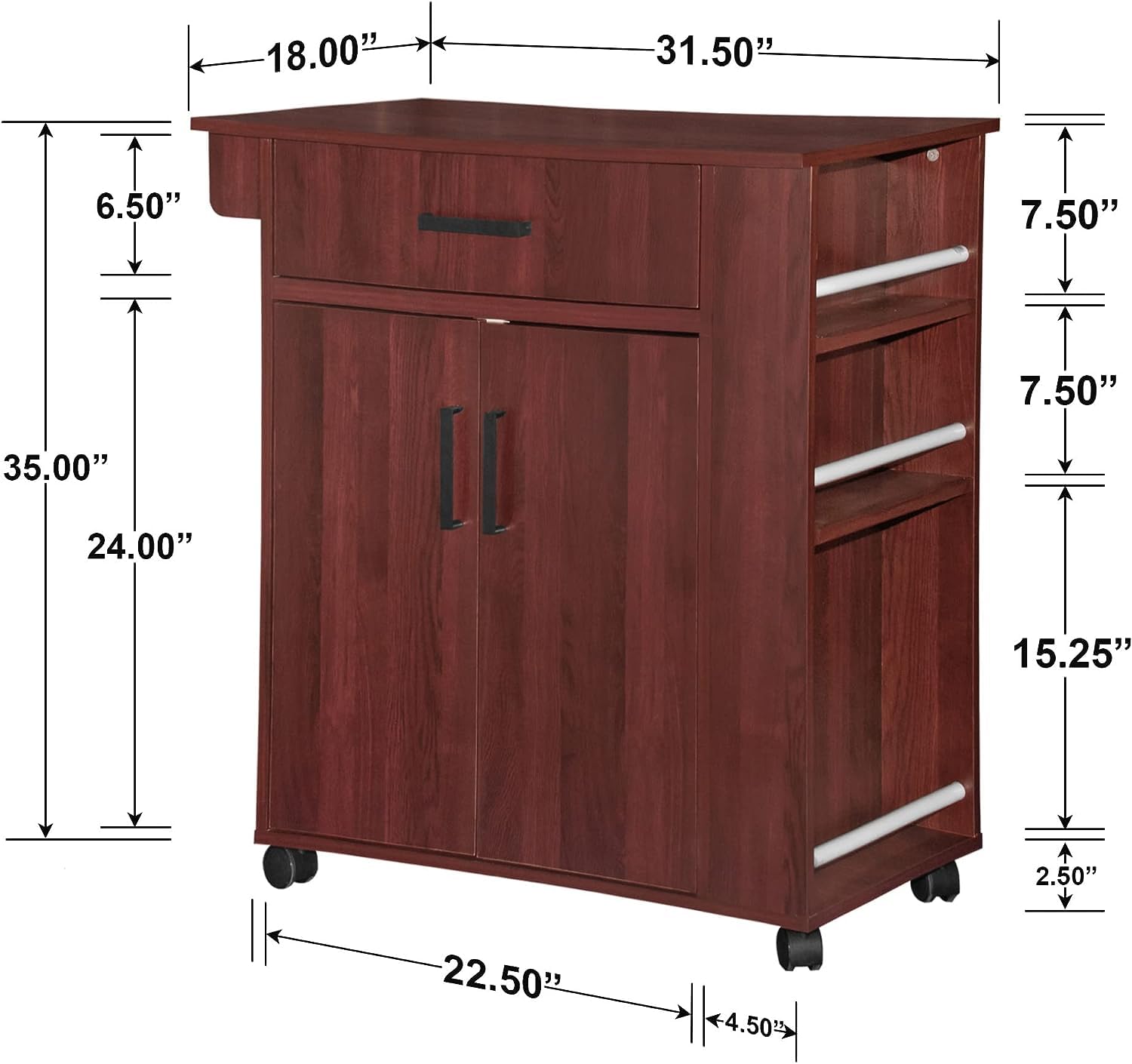 Woodpeckers Furniture And Mattress Shelby Rolling Kitchen Cart with Storage Cabinet Mahogany