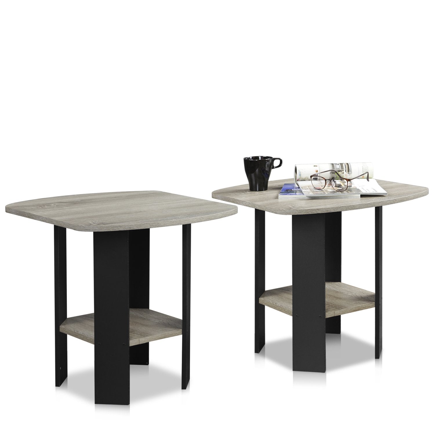 Furinno Simple Design End Table, 2-Pack, French Oak Grey/Black