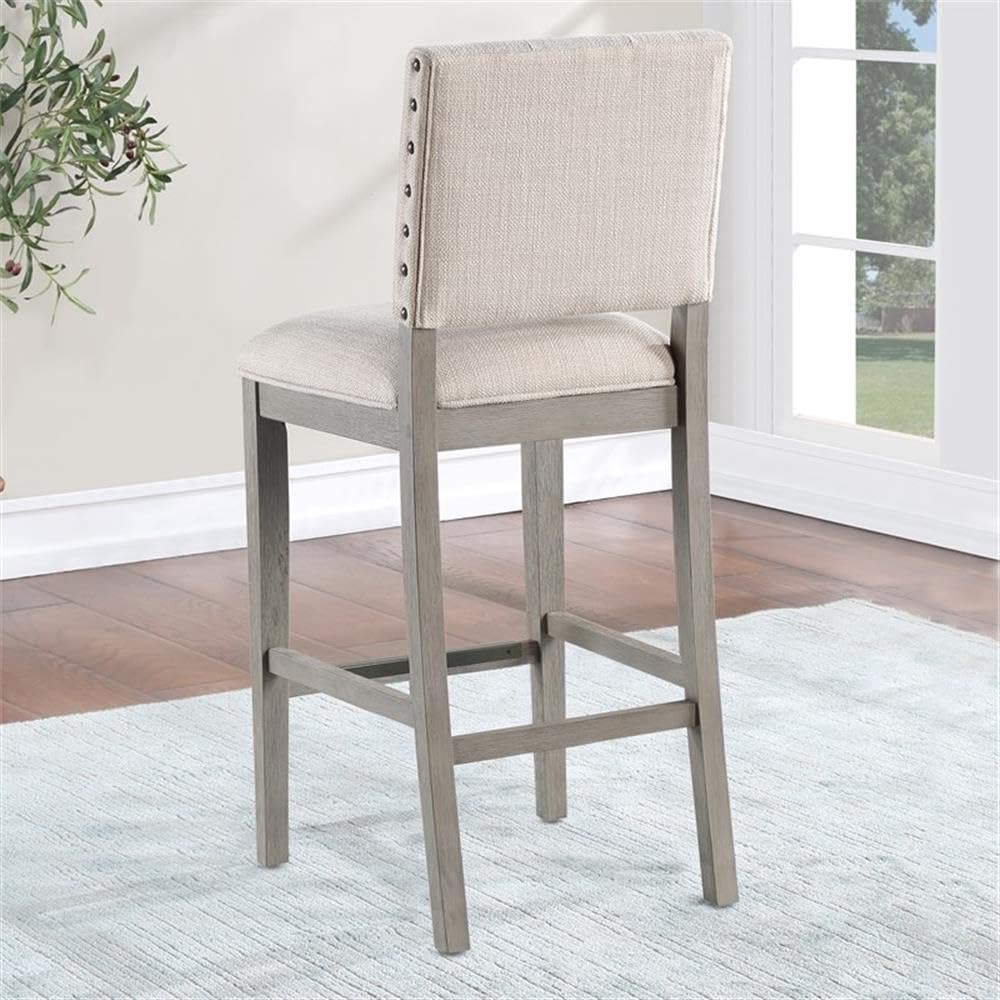 American Woodcrafters Ellesse Driftwood Gray Wood Frame Button Tufted Fabric Upholstered Bar Stool