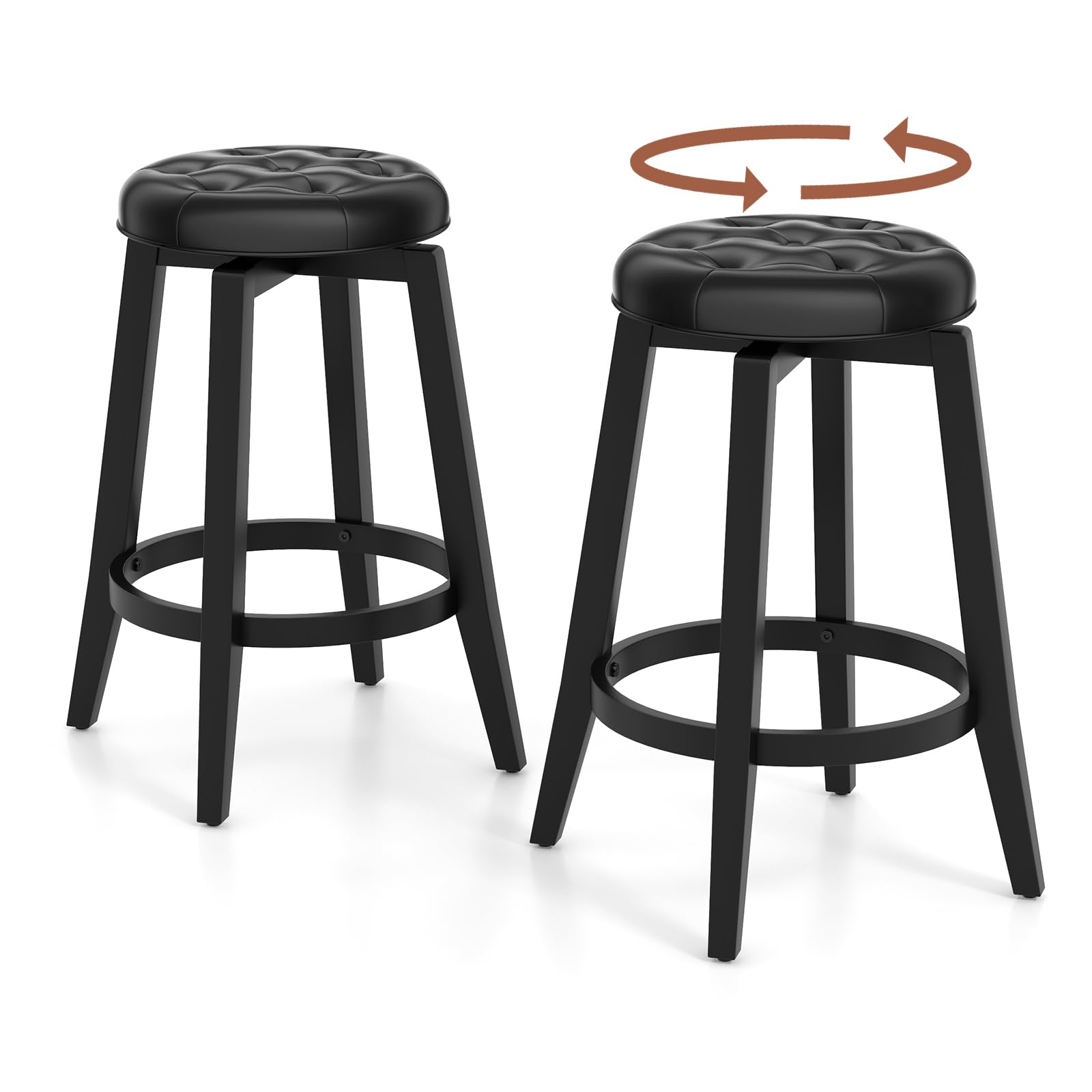 Costway 360° Swivel Bar Stools Set Of 2, 26-Inch Height Vintage Upholstered Rubberwood Backless Bar Chairs With Footrest, Retro Kitchen Counter Stools For Kitchen Island Dining Room Home Bar, Black