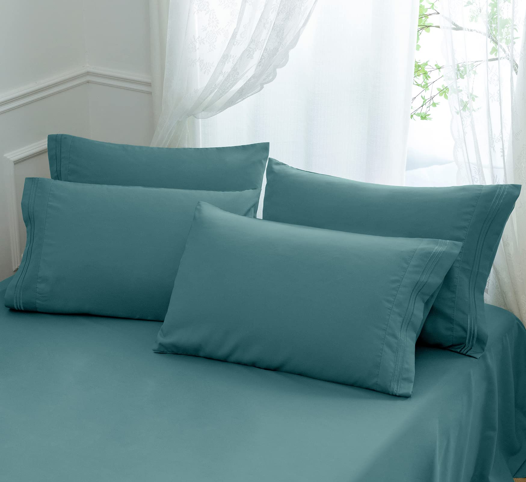 Aormenzy Microfiber Pillow Cases - Queen Size Set Of 4-1800 Thread Count Ultra Soft Teal Pillowcases - Wrinkle Resistant Pillow