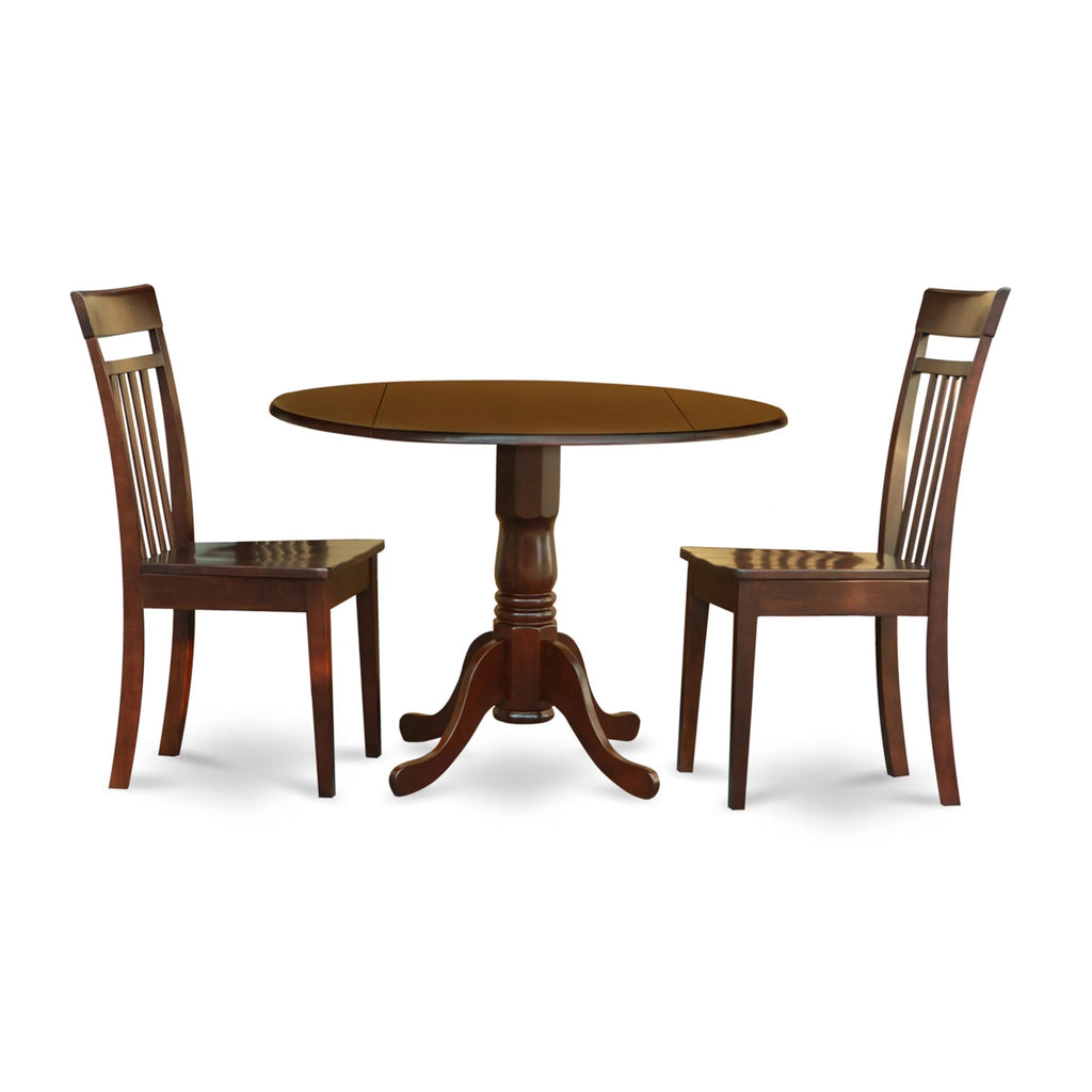 East West Furniture DLCA3-MAH-W Dublin 3 Piece Kitchen Set for Small Spaces Contains a Round Room Table with Dropleaf and 2 Dining Chairs, 42x42 Inch, Mahogany