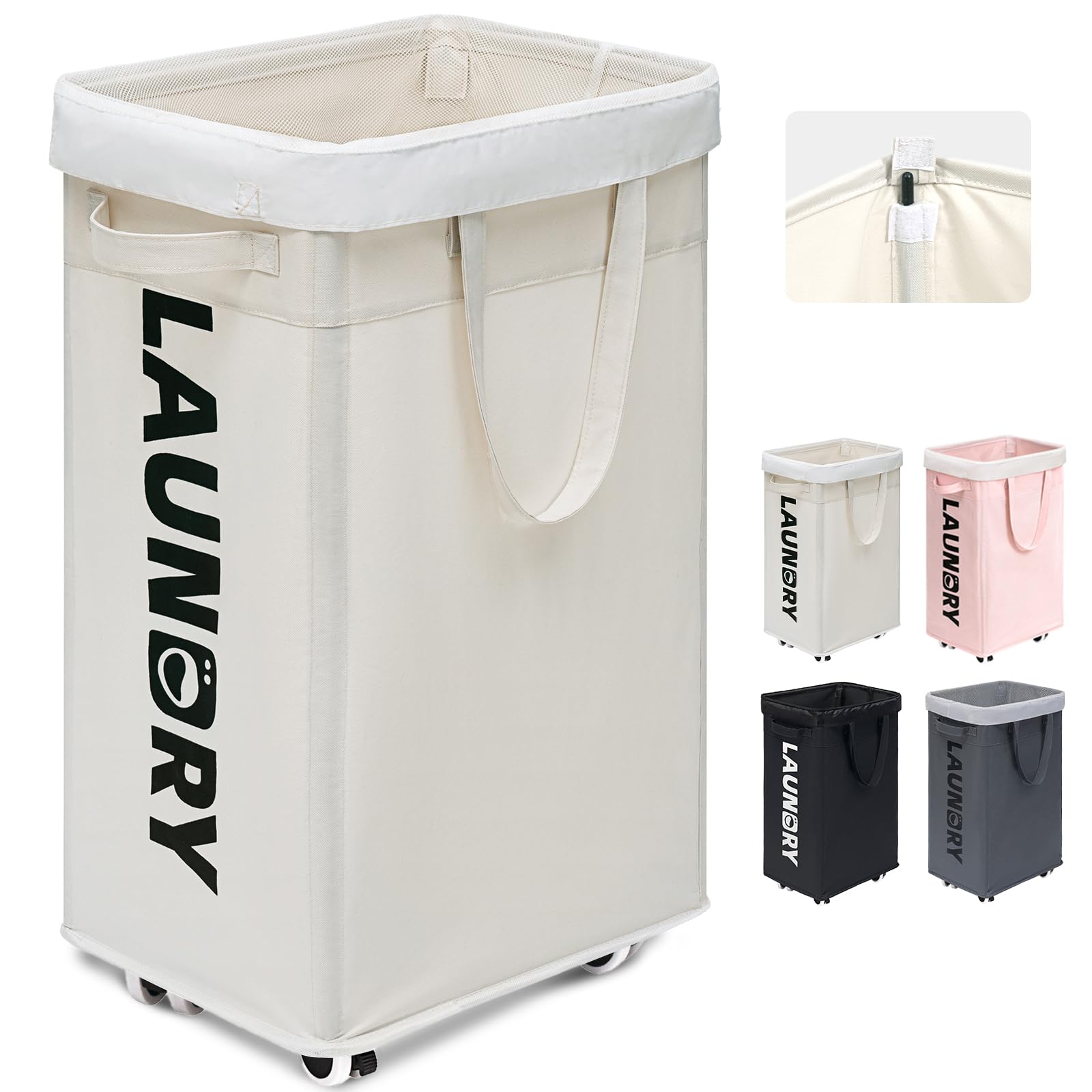 Goodpick Laundry Hamper with Wheels, 75L Collapsible Laundry Basket, Clothes Laundry Basket with Removable Wash Bag for Bedroom,