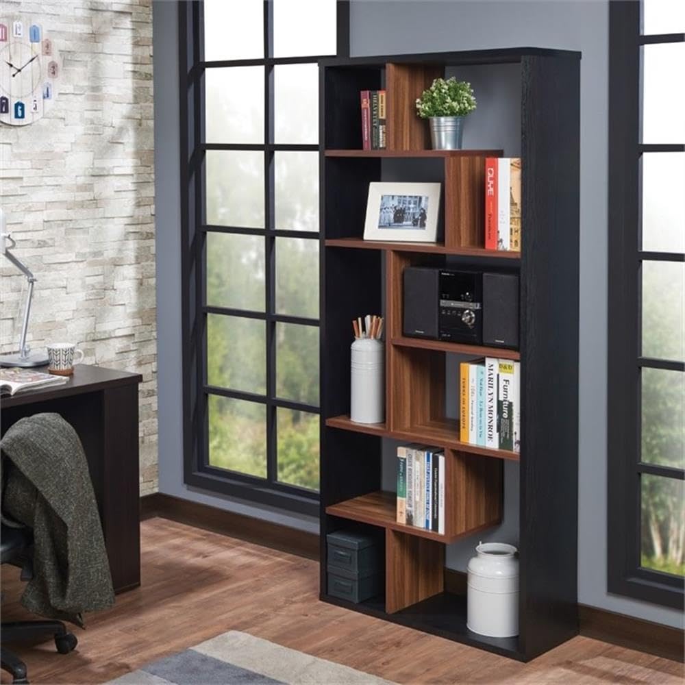 Acme Chas Cube 6-Shelf Wooden Bookcase in Black and Walnut