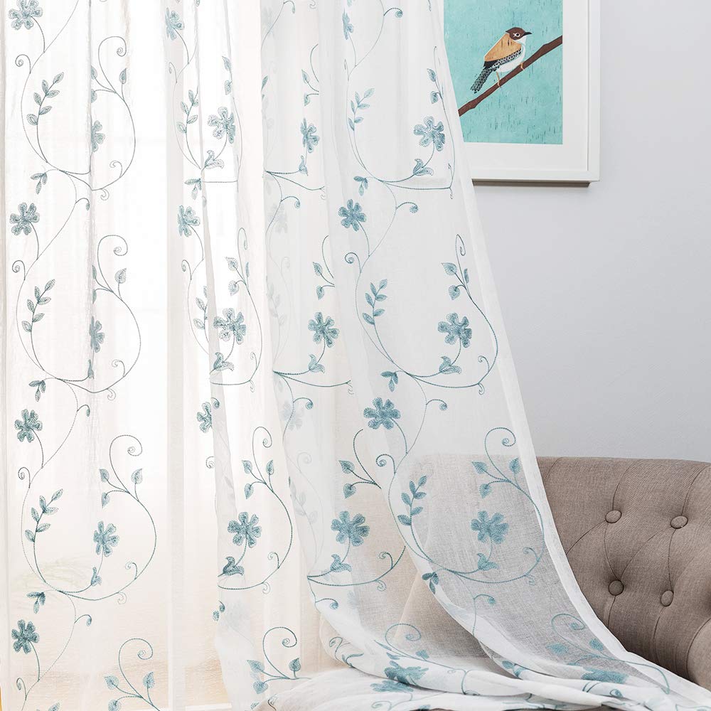 Blue Sheer Curtains 84 Inches Long, Floral Embroidered Rod Pocket Sheer Drapes For Living Room, Bedroom, 2 Panels, 52'X84', Se